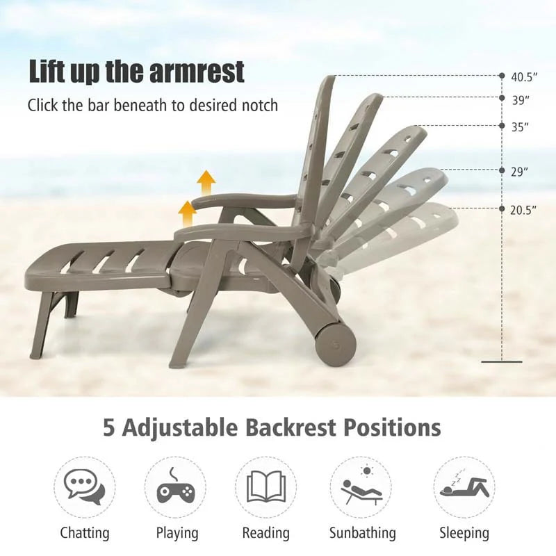 Rolling Folding Plastic Pool Lounge Chair With Armrests, 5 Position - Patio Deck Beach Chair