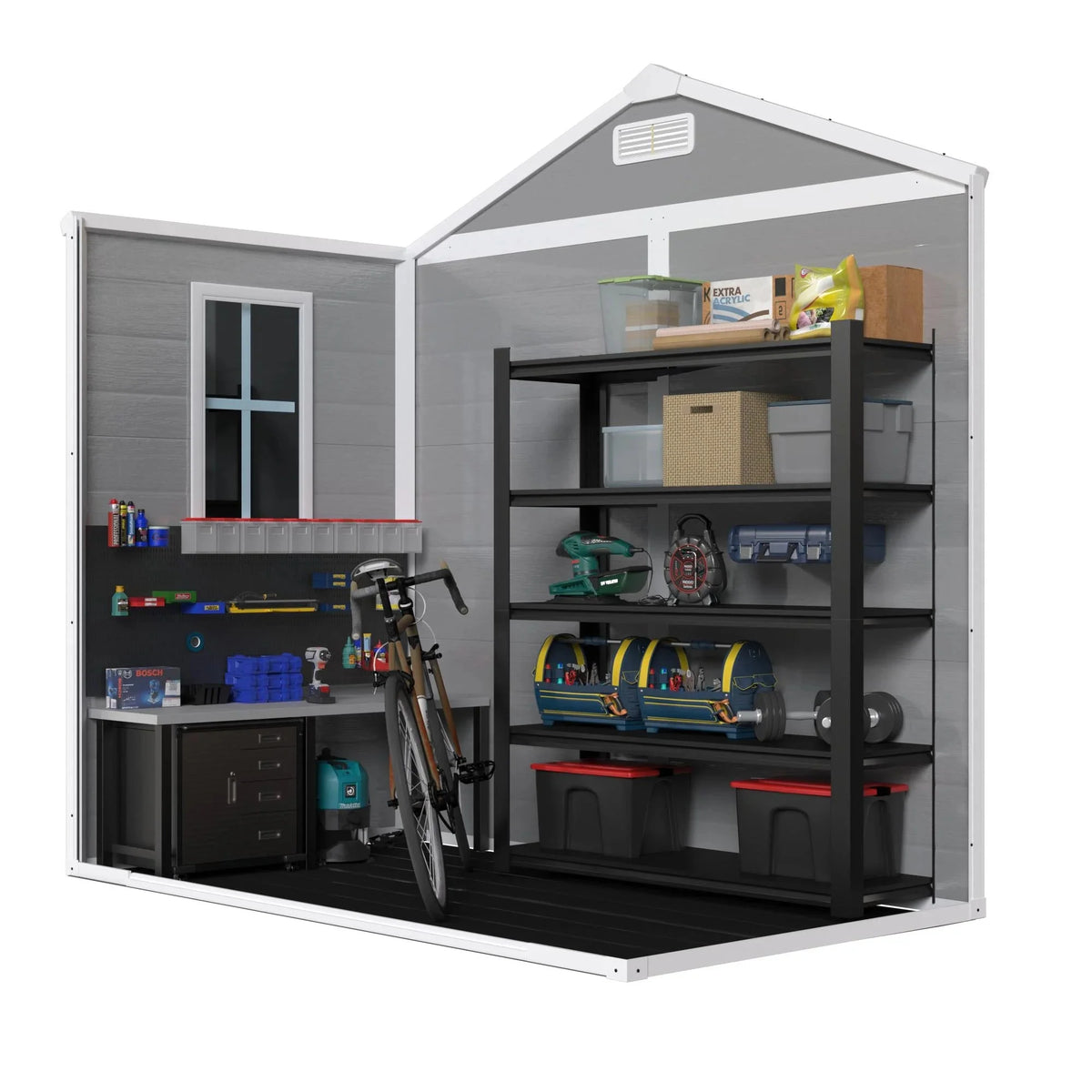Seizeen Outdoor Resin Storage Shed, 41 Cu. Ft. / 306 Gal, Gray, 3 Doors With Floor