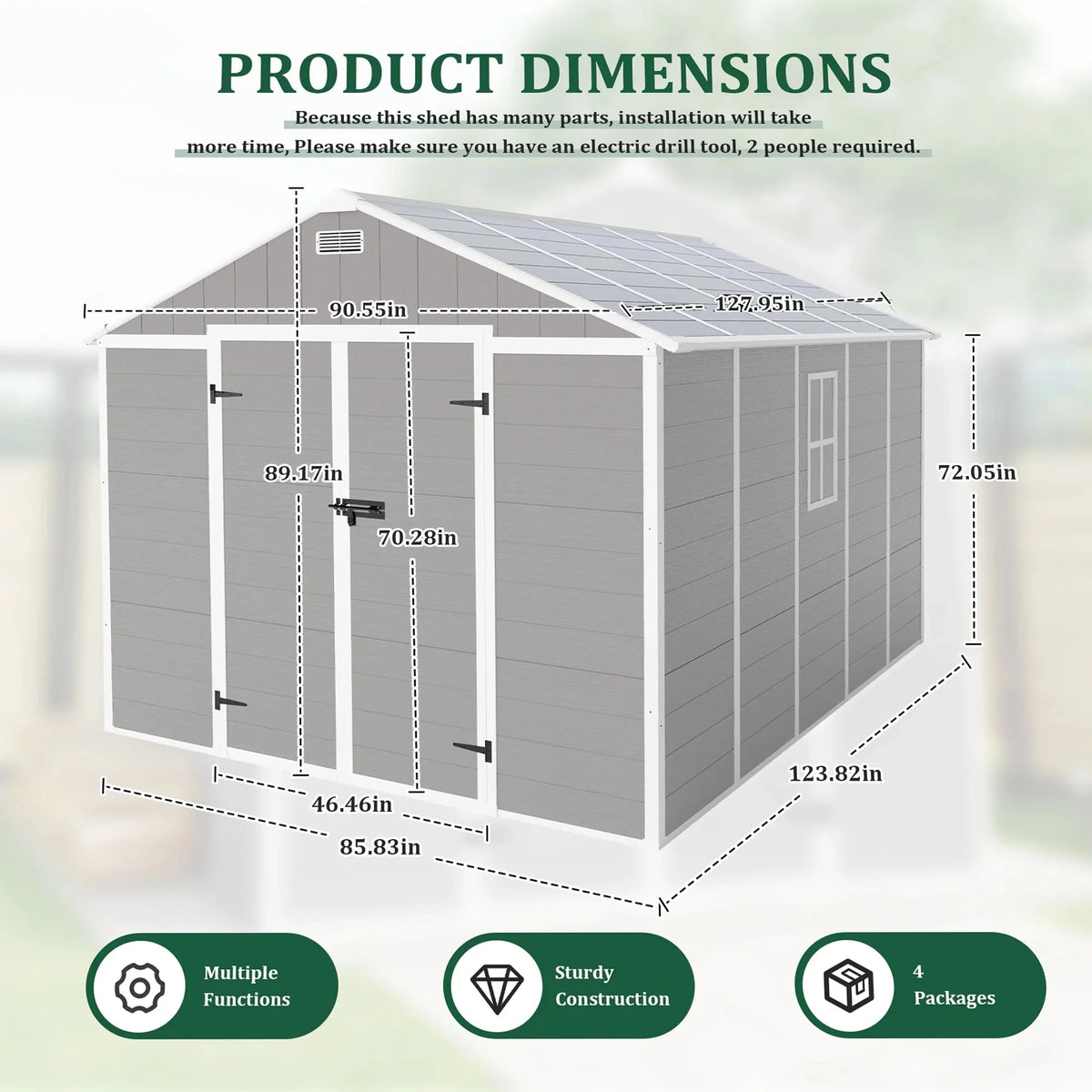 Seizeen Resin Outdoor Storage Shed With Floor, Light Gray, 82 in H