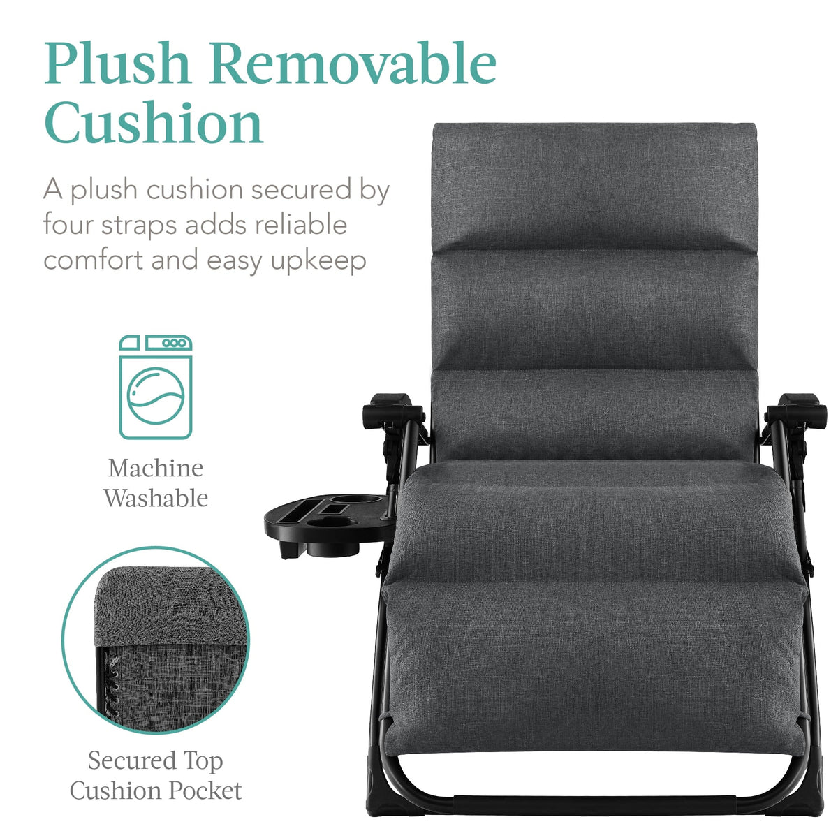 Best Choice Products Oversized Zero Gravity Folding Recliner With Removable Cushion And Side Tray - Fossil Gray