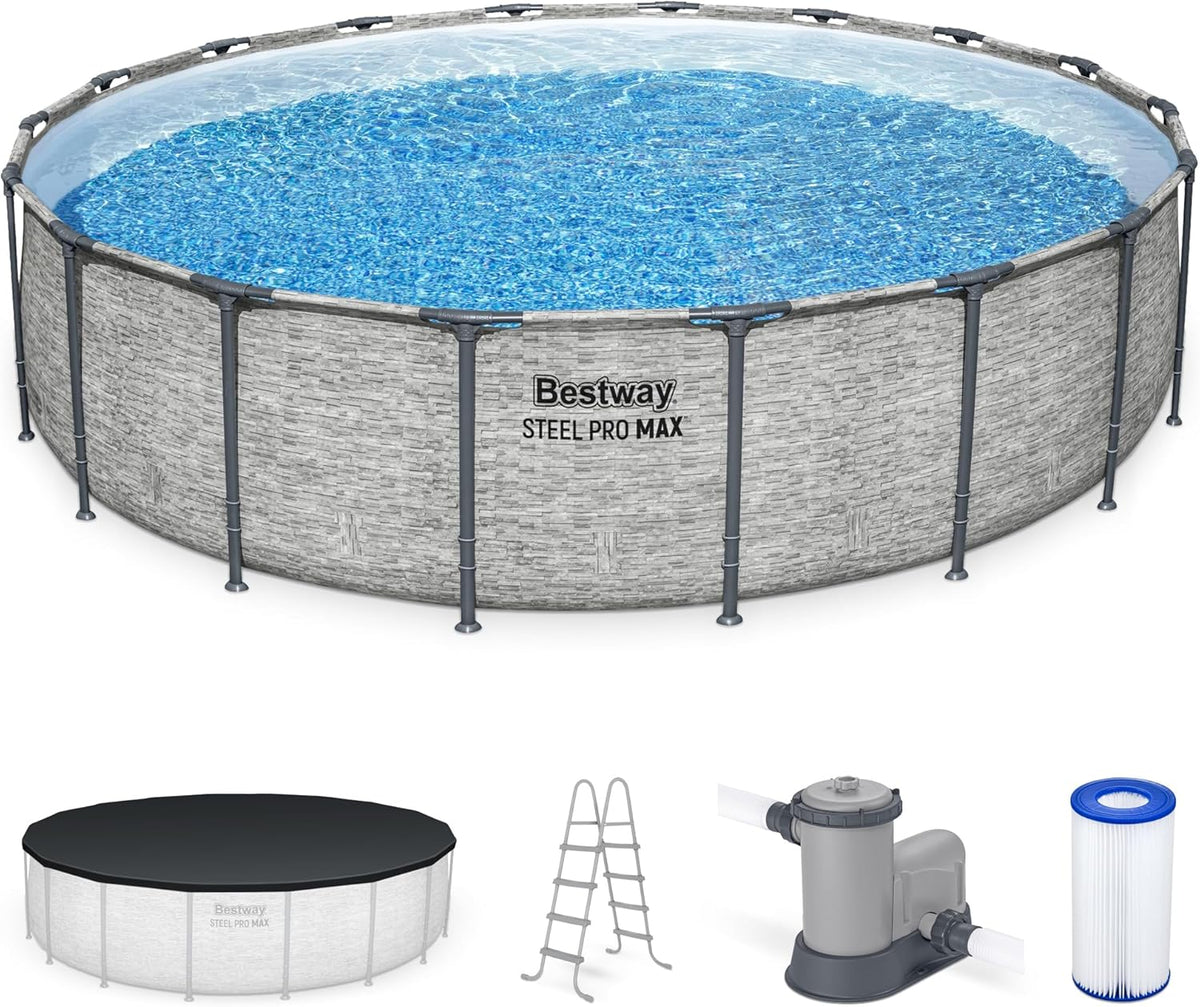 Steel Pro MAX 14 Foot x 48 Inch Round Steel Frame Above Ground Pool Set With 1,000 Filter Pump, Ladder And Cover - Gray