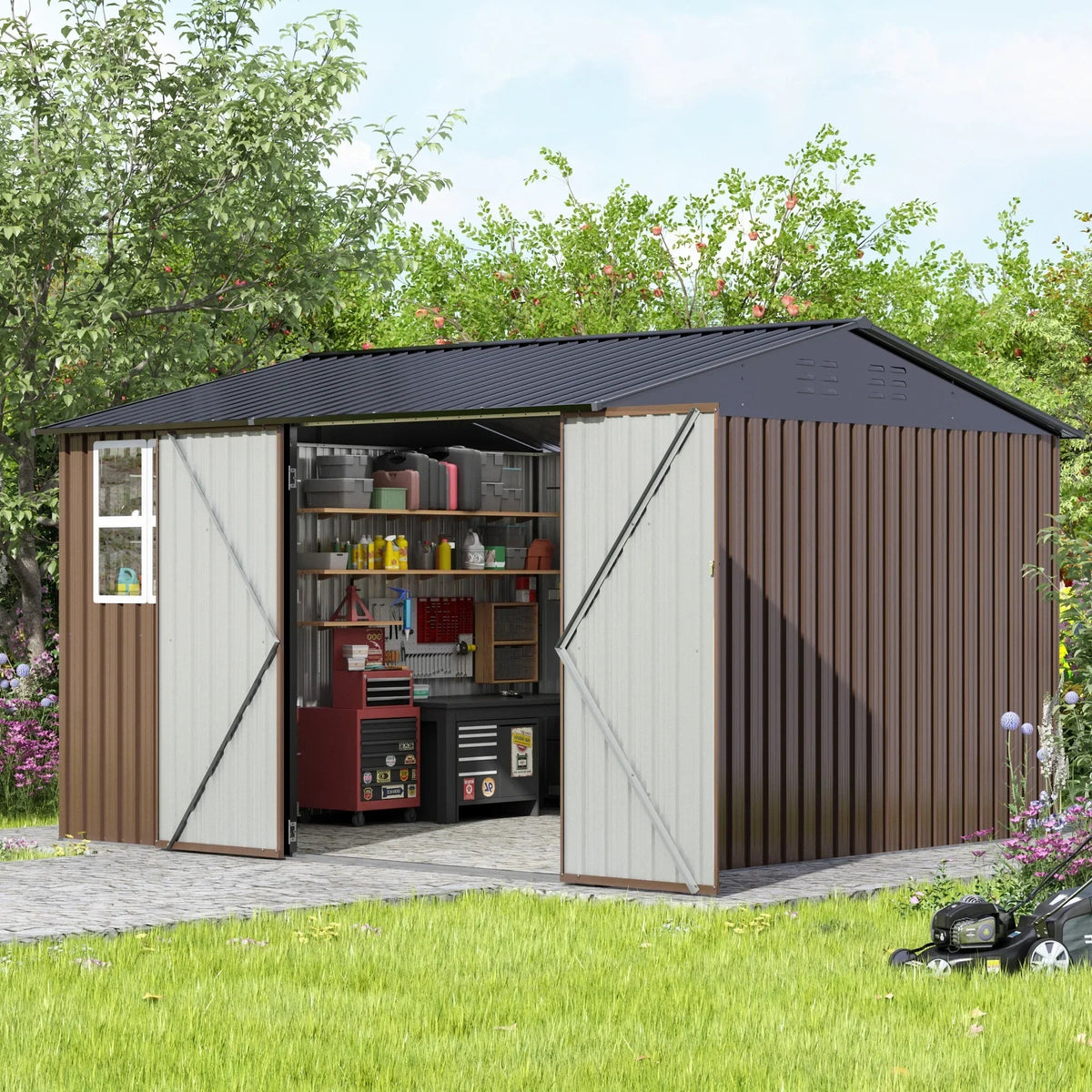 JAXPETY 10 x 10 ft Outdoor Metal Storage Shed With Window And Lockable Door - Brown