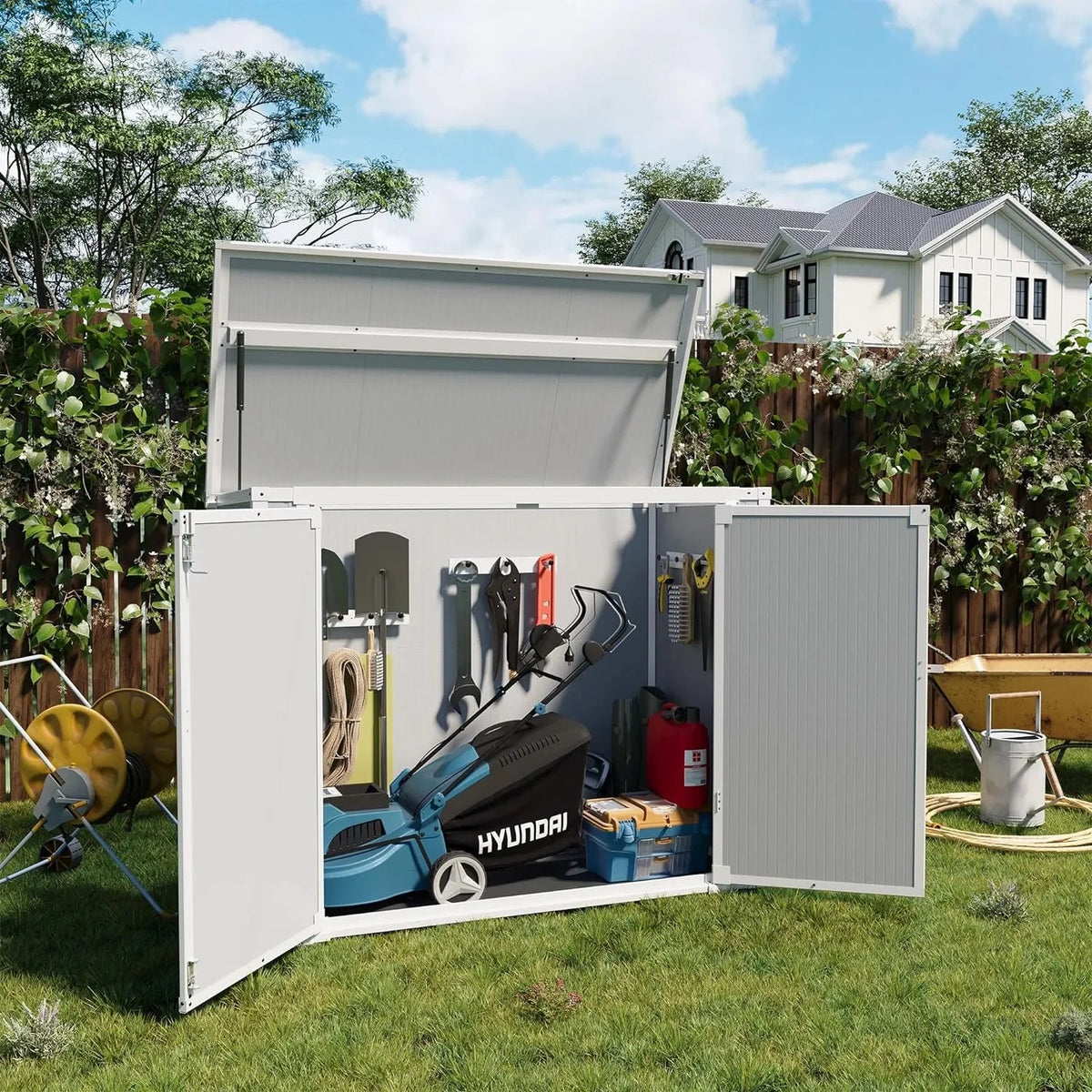 Seizeen Outdoor Resin Storage Shed, 41 Cu. Ft. / 306 Gal, Gray, 3 Doors With Floor