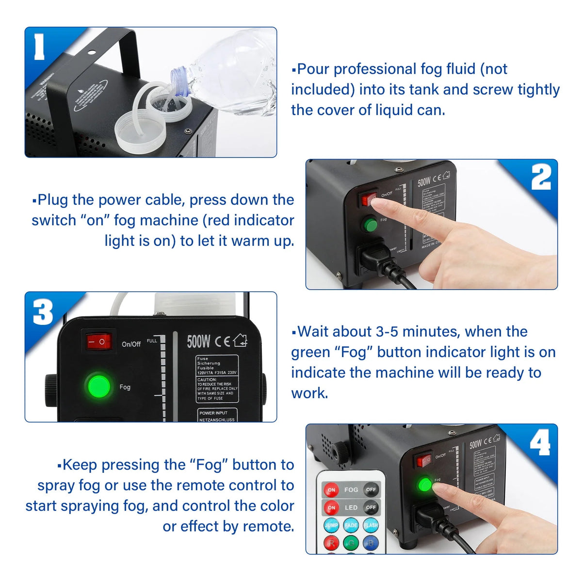 TCFUNDY 500W Fog Machine w/ LED RGB 9IN1 Fogger Smoke Maker with Wireless Remote Controller