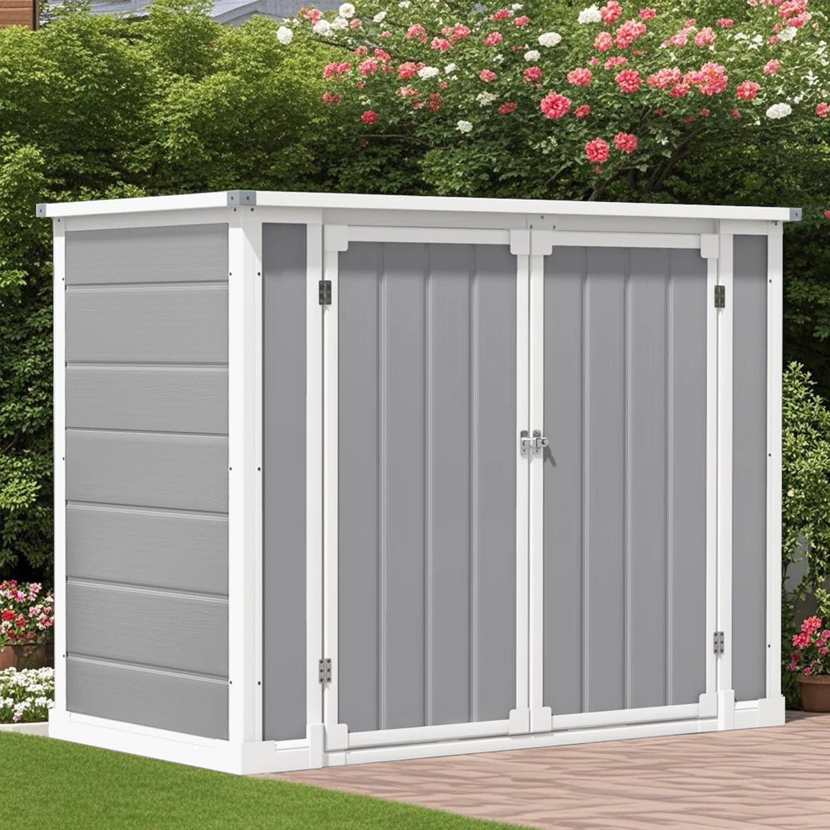 Seizeen Outdoor Resin Storage Shed, 41 Cu. Ft. / 306 Gal, Gray, 3 Doors With Floor