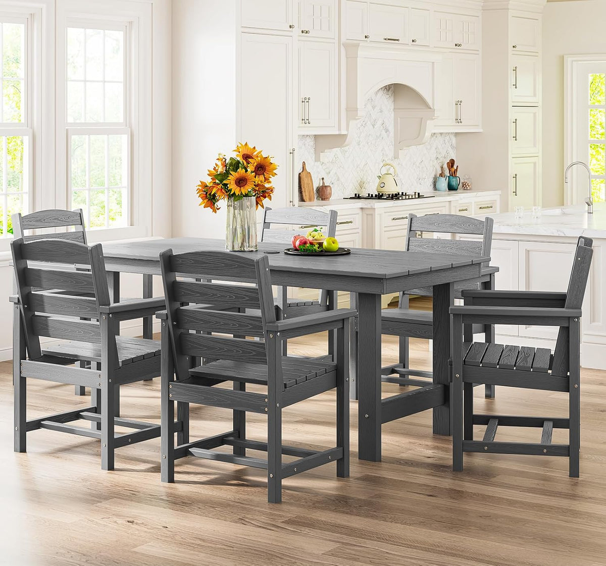 SERWALL 7-Piece HDPE Outdoor Dining Set With Umbrella Hole - Gray