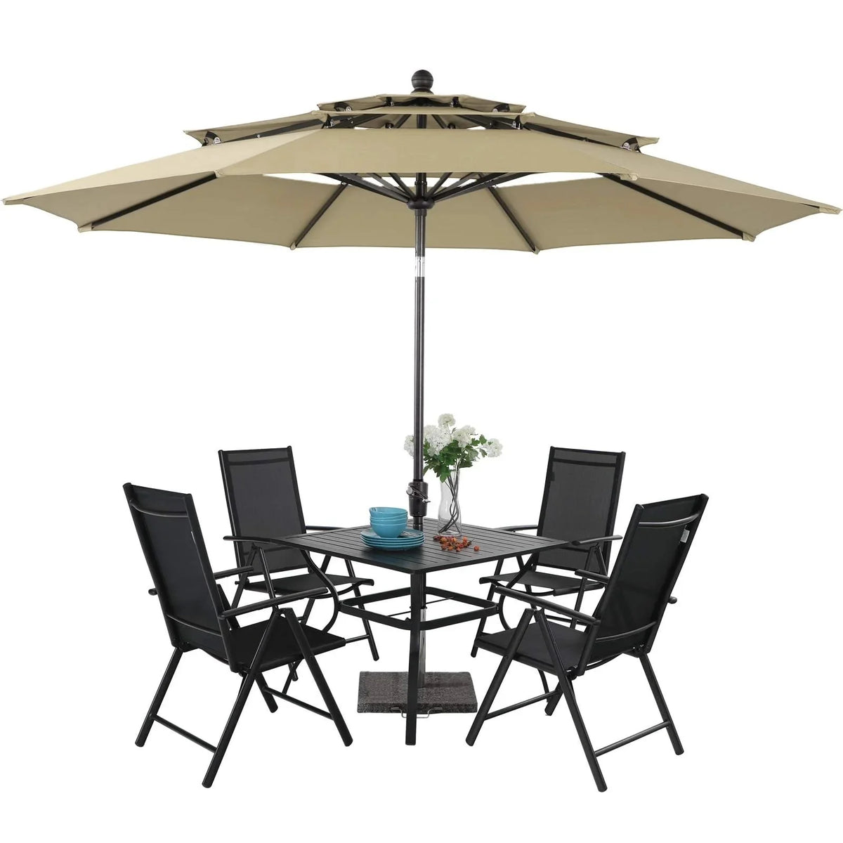 MAISON ARTS 6-Piece Patio Dining Set With 4 Adjustable Folding Chairs, Square Metal Table And 10ft Umbrella