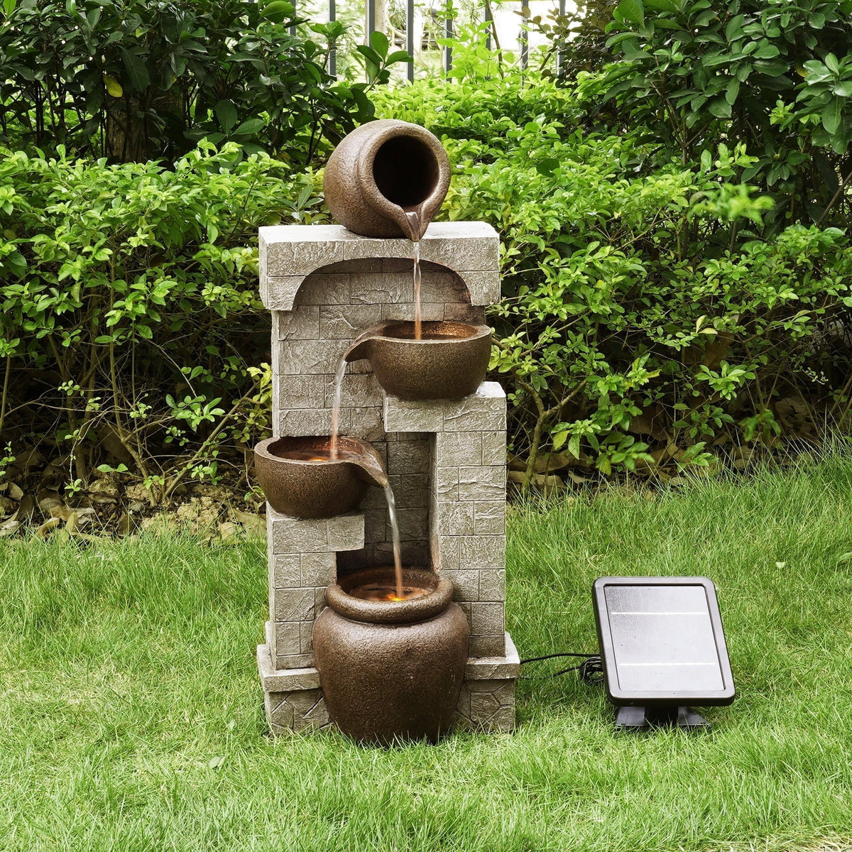 Teamson Home Solar Powered 4-Tier Cascading Bowls Garden Water Fountain With LED Lights, Brown, 28.5 in