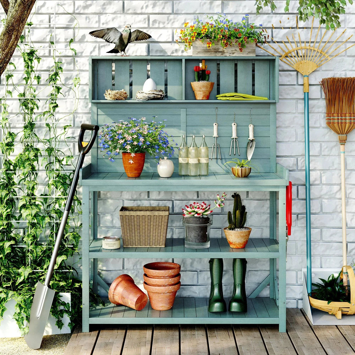 Wooden Outdoor Potting Bench Table With 4 Storage Shelves, Side Hook And Green Finish