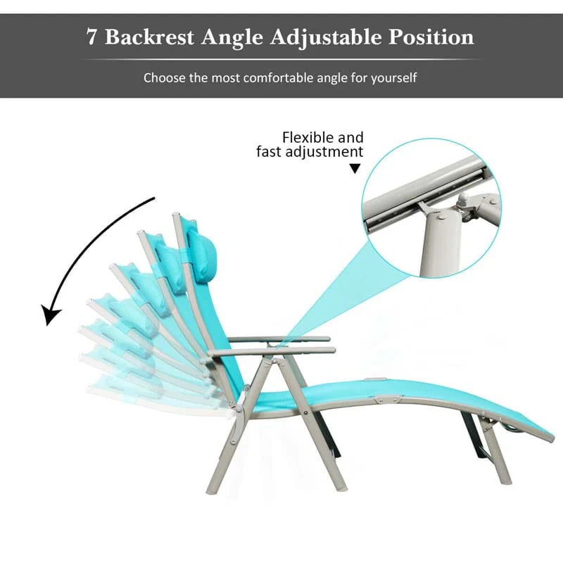 7 Position Folding Outdoor Chaise Lounge Chair With Cushion And Pillow