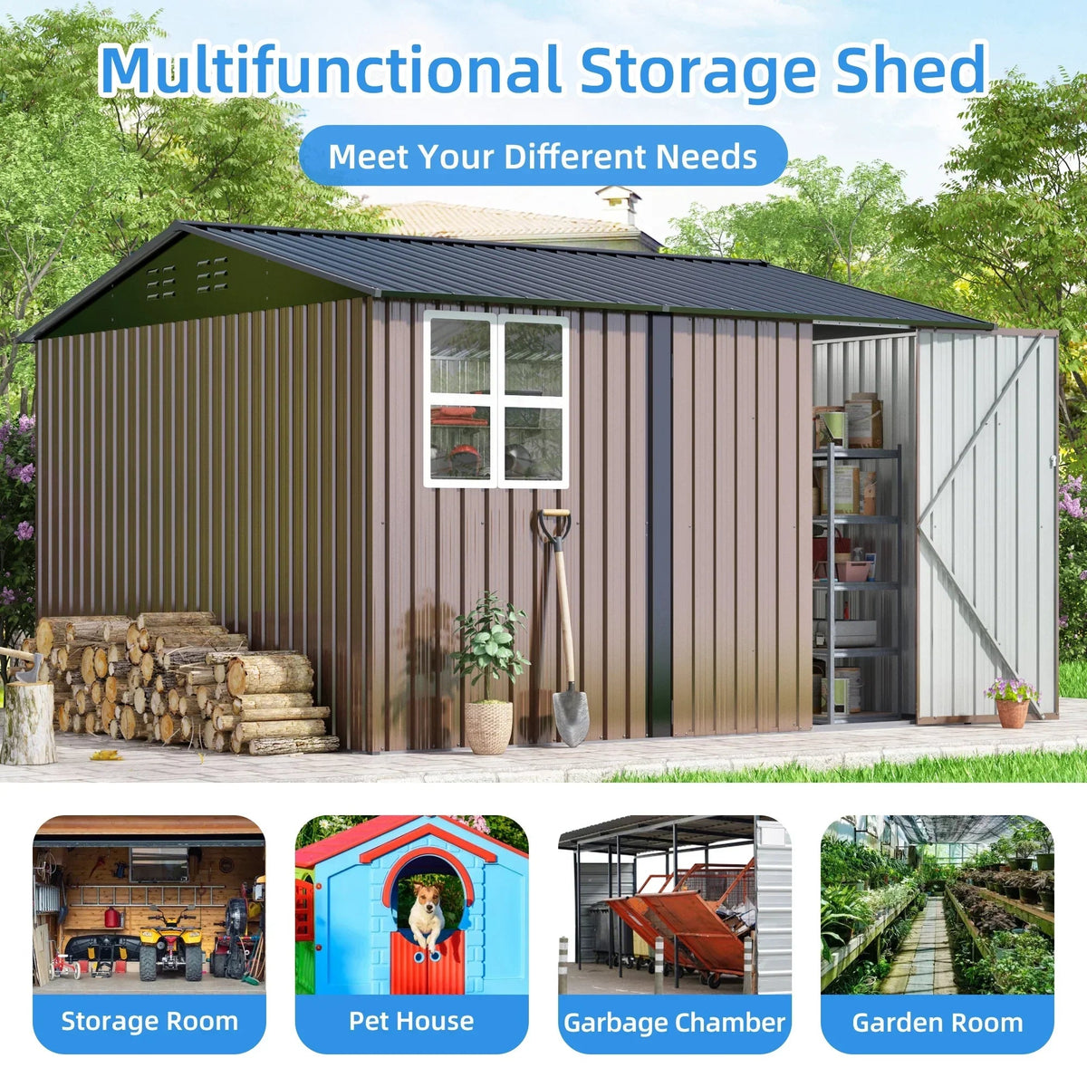 JAXPETY 10 x 10 ft Outdoor Metal Storage Shed With Window And Lockable Door - Brown