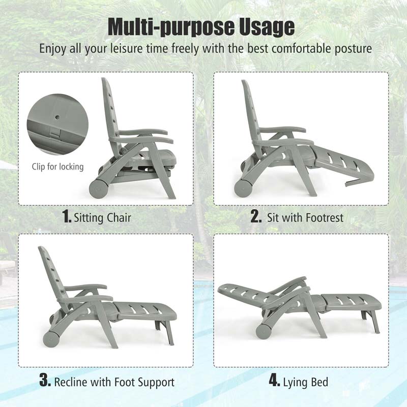 Rolling Folding Plastic Pool Lounge Chair With Armrests, 5 Position - Patio Deck Beach Chair