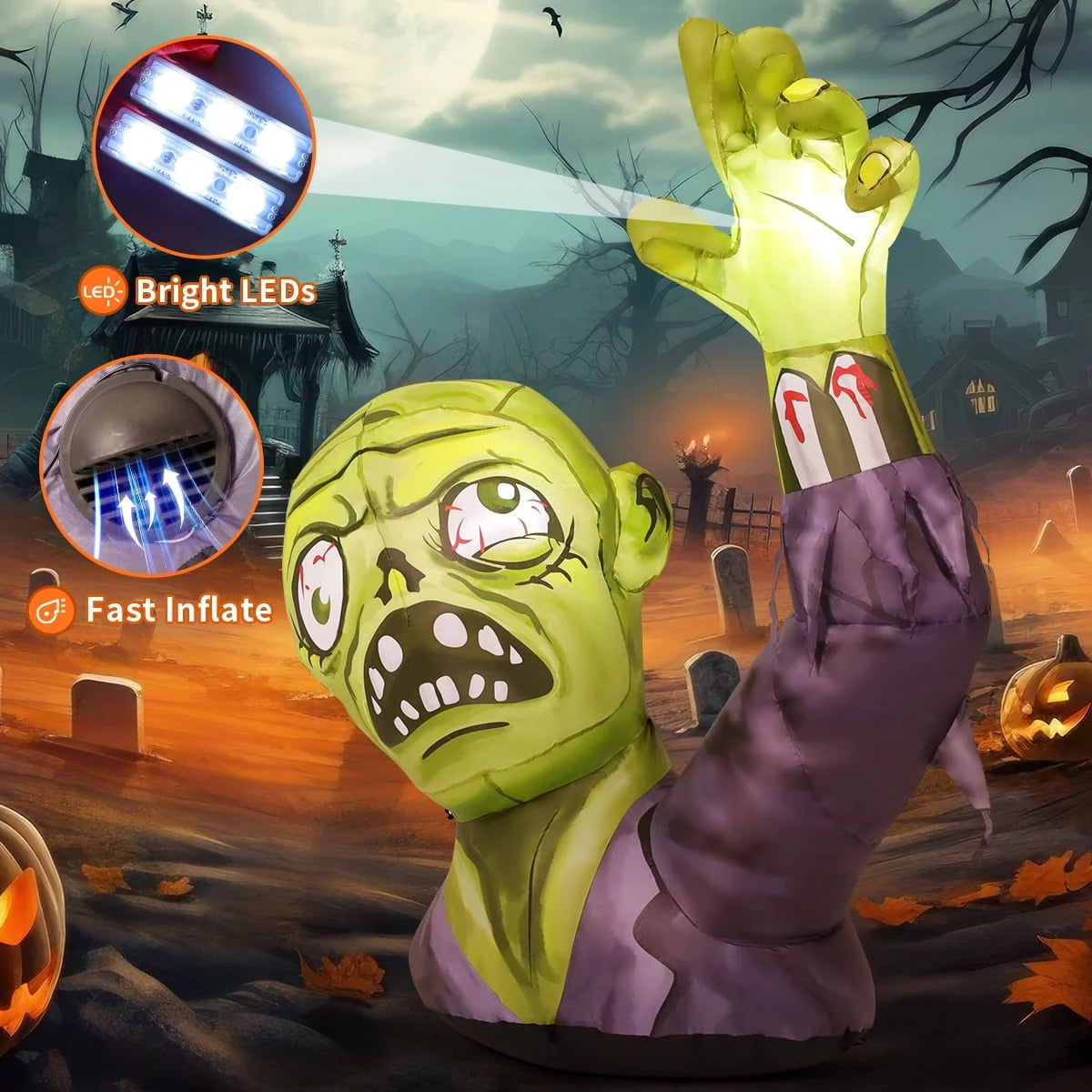 GOOSH Halloween Inflatable 5 FT Zombie Inflatable Shaking Hands, Zombie Inflatable Halloween Decorations Scary Halloween Blow Ups with LED Lights, Halloween Inflatables for Holiday/Party