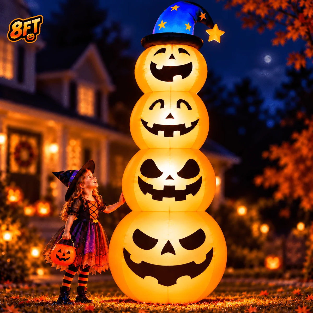 Goosiay 8ft Halloween Inflatable, Stacked Pumpkins with Witch Hat and Built-in LED Lights, Outdoor Blow up Yard Decor for Lawn, Garden, Porch and Halloween Party, Orange