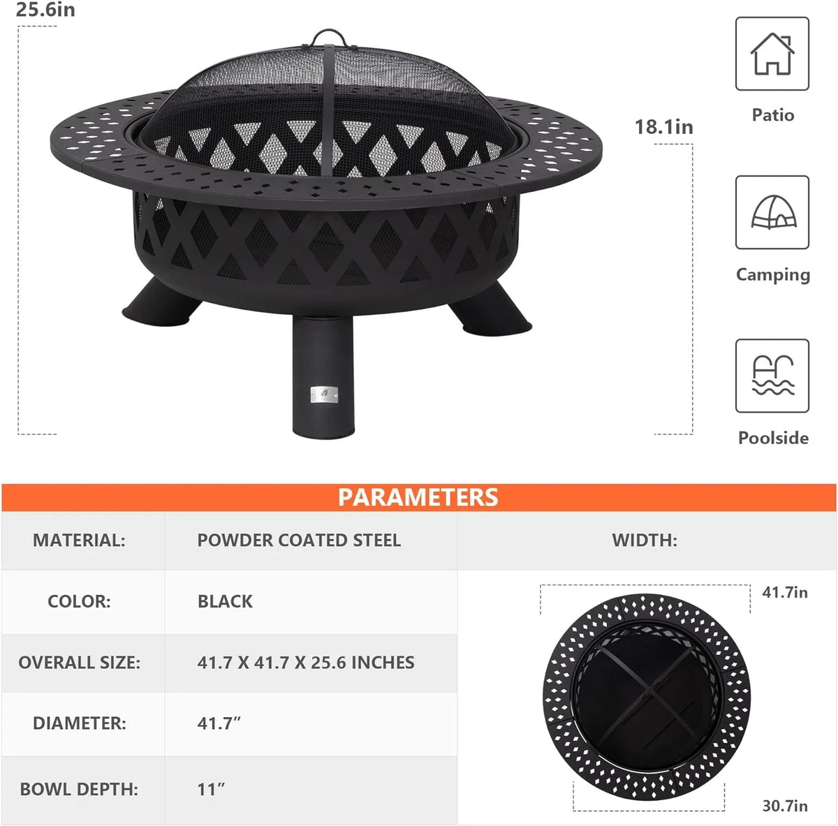 SUNCREAT 42-Inch Wood Burning Patio Fire Pit, Black, 42.1 Inch Diameter x 25.2 Inch High