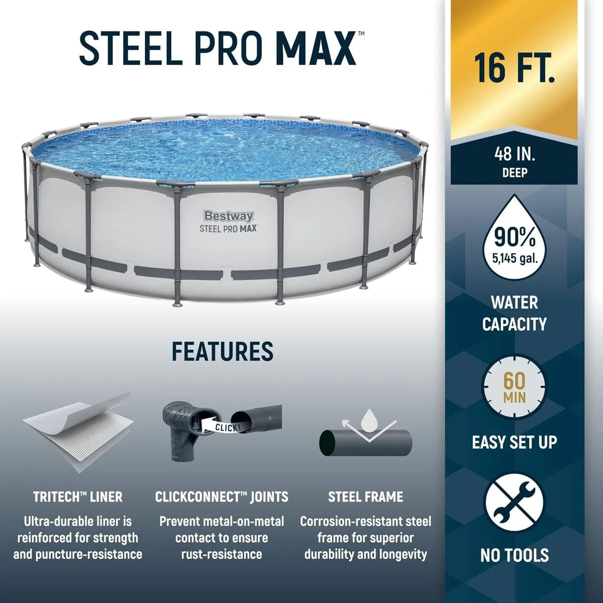 Steel Pro MAX 14 Foot x 48 Inch Round Steel Frame Above Ground Pool Set With 1,000 Filter Pump, Ladder And Cover - Gray