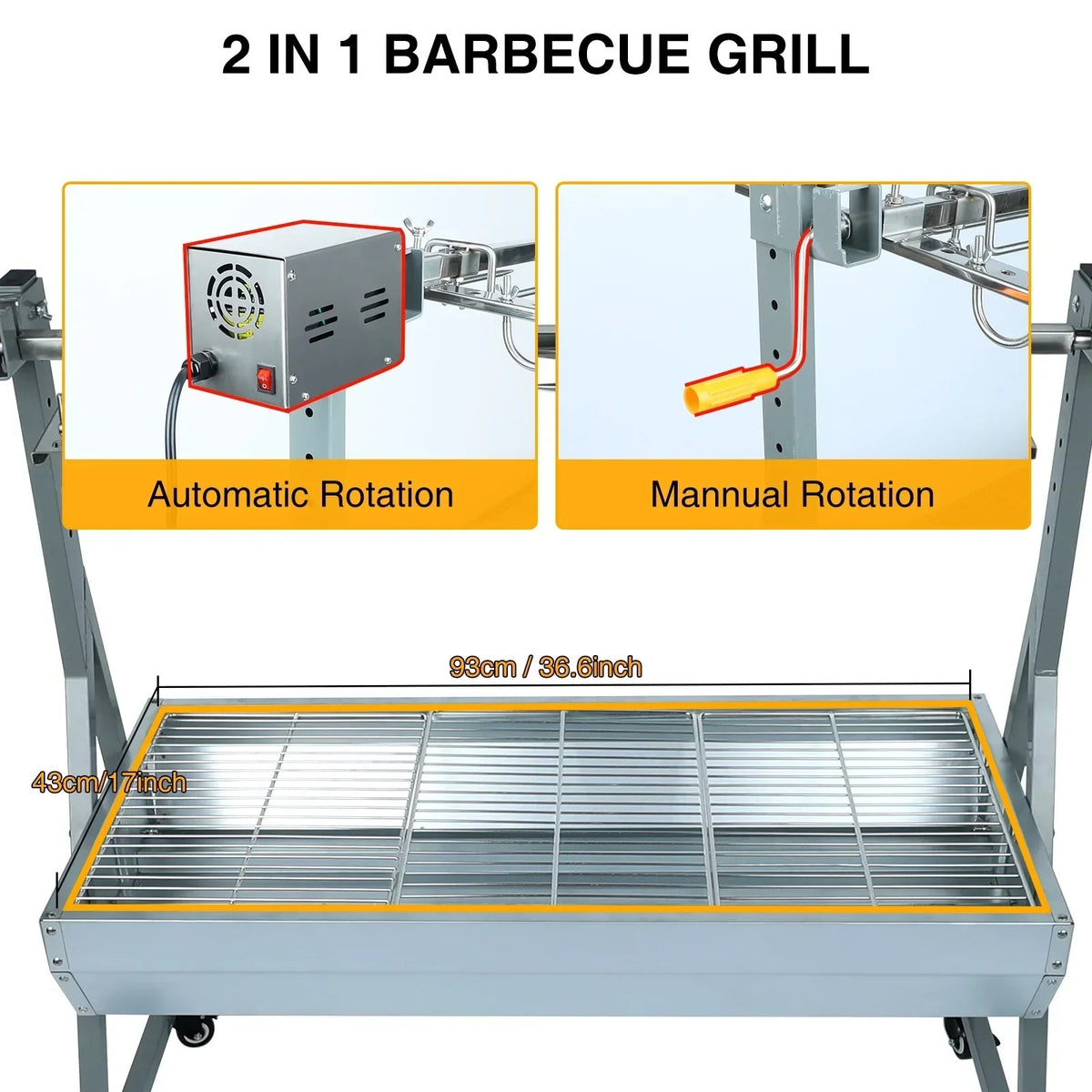 Rocita Charcoal Rotisserie Grill Roaster 132lbs, 38.5in x 18.1in, Stainless Steel, 25W Motor And Hand Crank