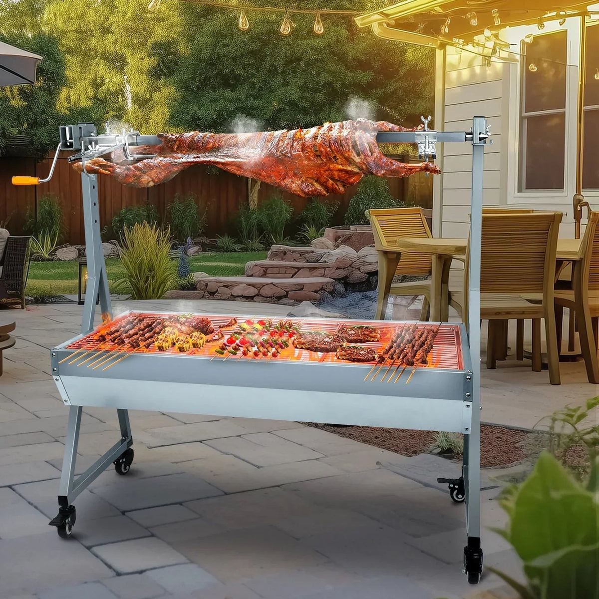 Rocita Charcoal Rotisserie Grill Roaster 132lbs, 38.5in x 18.1in, Stainless Steel, 25W Motor And Hand Crank