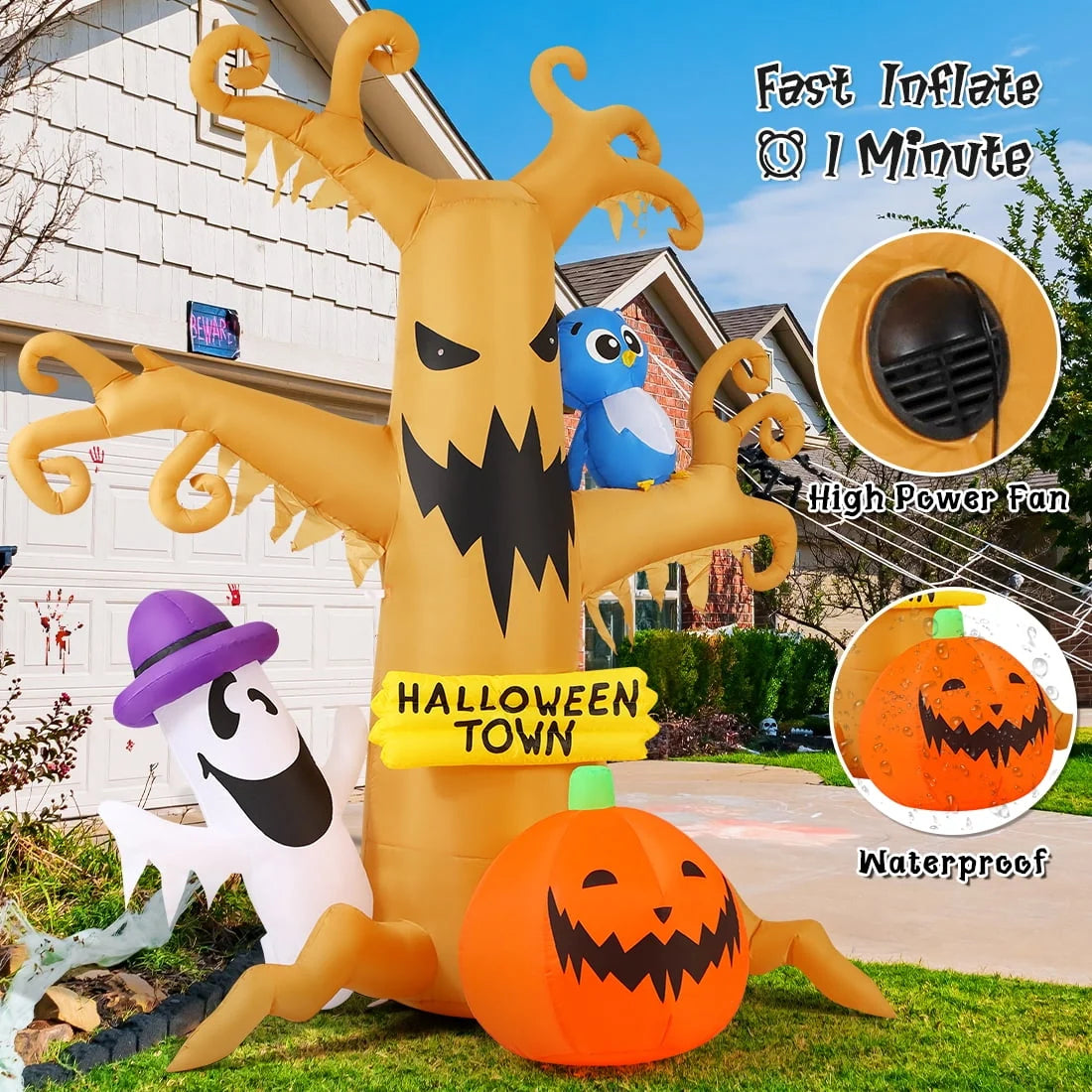 GOOSH Halloween Inflatables 8 FT Halloween Inflatable tree with Ghost Pumpkin and Owl, Halloween Dead Tree Decorations Scary Halloween Decorations with Built-in Lights for Halloween/Holiday/Party