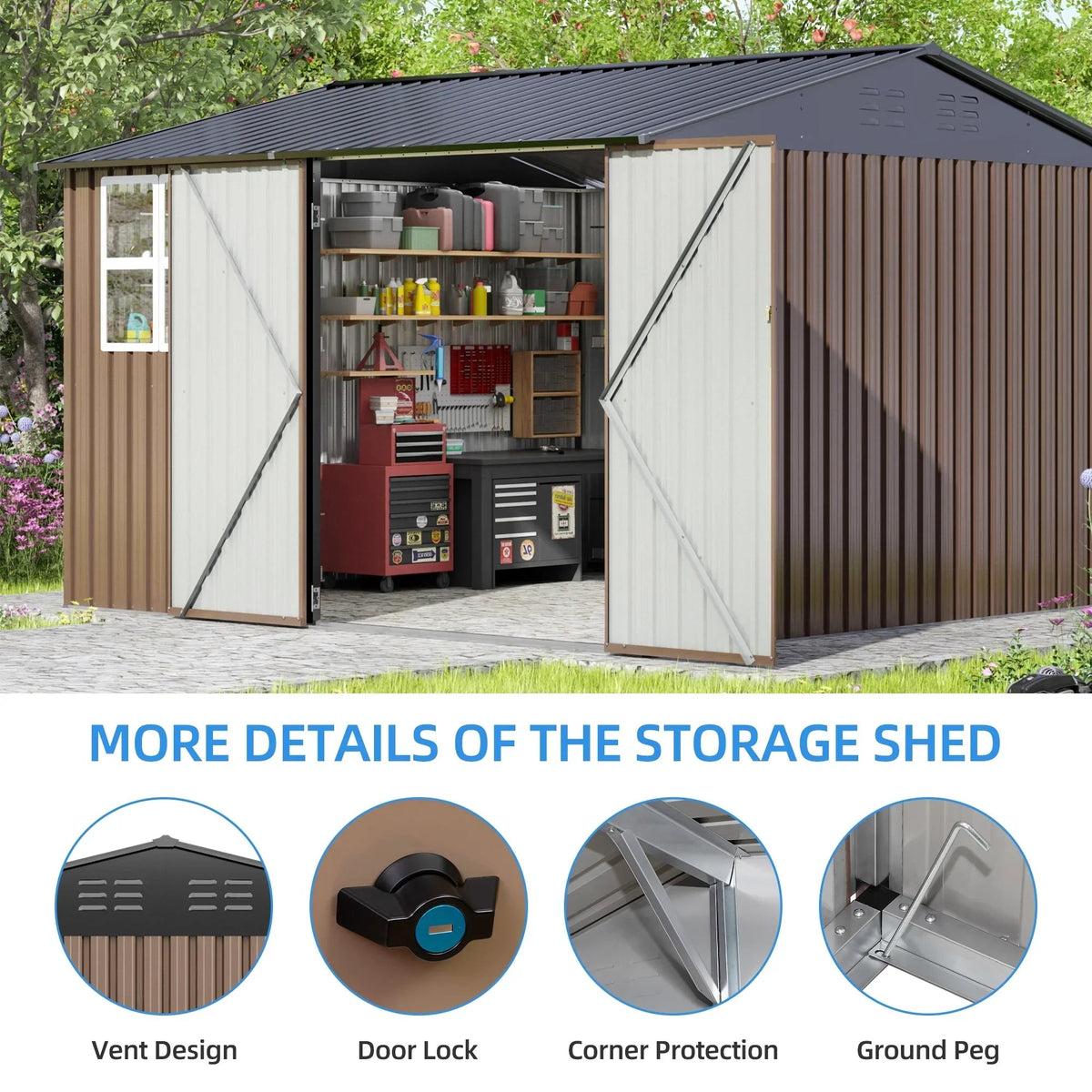 JAXPETY 10 x 10 ft Outdoor Metal Storage Shed With Window And Lockable Door - Brown