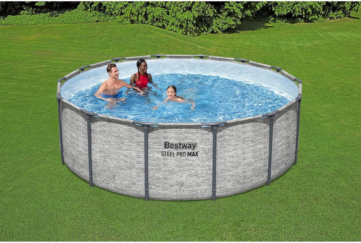 Steel Pro MAX 14 Foot x 48 Inch Round Steel Frame Above Ground Pool Set With 1,000 Filter Pump, Ladder And Cover - Gray
