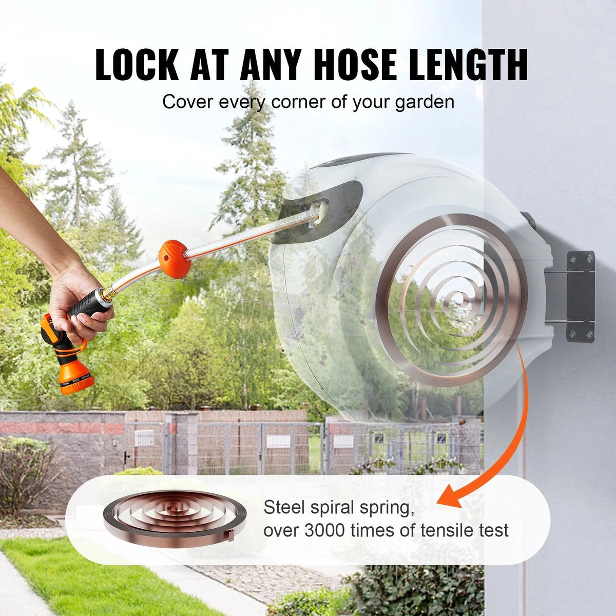 VEVOR Retractable Garden Hose Reel, 100 ft x 1/2 inch, Wall-Mounted With 9-Pattern Nozzle