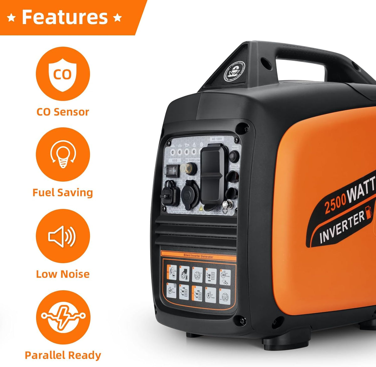 Portable Inverter Generator 2500W Gas Powered - Orange