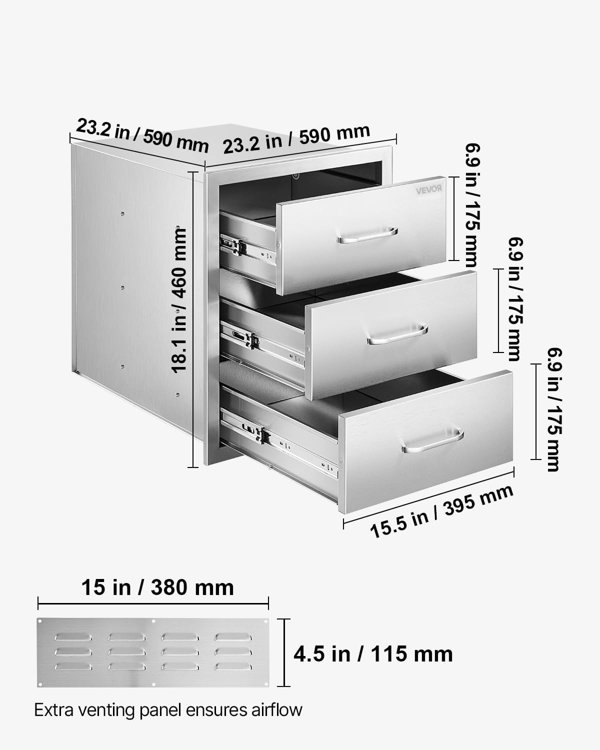 VEVOR Outdoor Kitchen Drawer Cabinet, Stainless Steel, 18.11 inch W x 23.23 inch D x 23.23 inch H, 3 Drawers