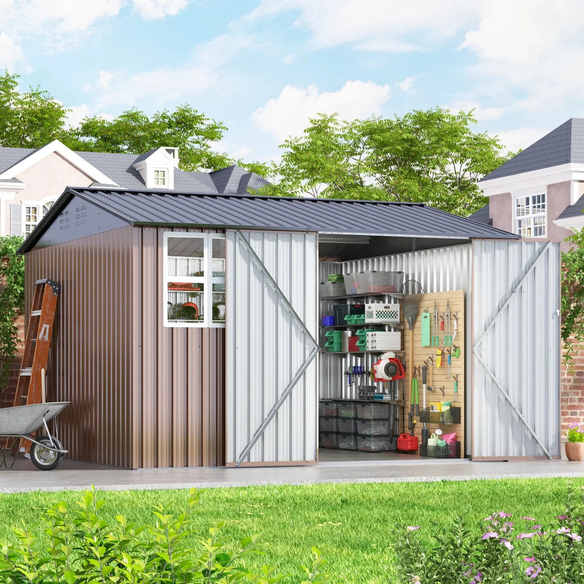 JAXPETY 10 x 10 ft Outdoor Metal Storage Shed With Window And Lockable Door - Brown
