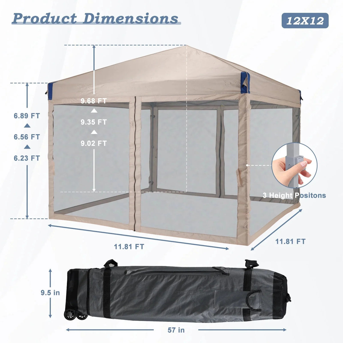 Aoodor Pop Up Canopy 12'x12' With Removable Mesh Sidewalls - Black