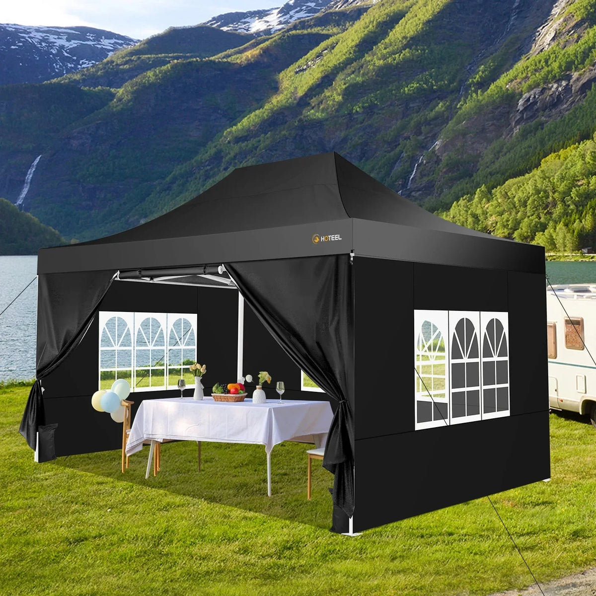 HOTEEL Heavy Duty Pop-Up Canopy Tent 10x15, 4 Sidewalls, Black