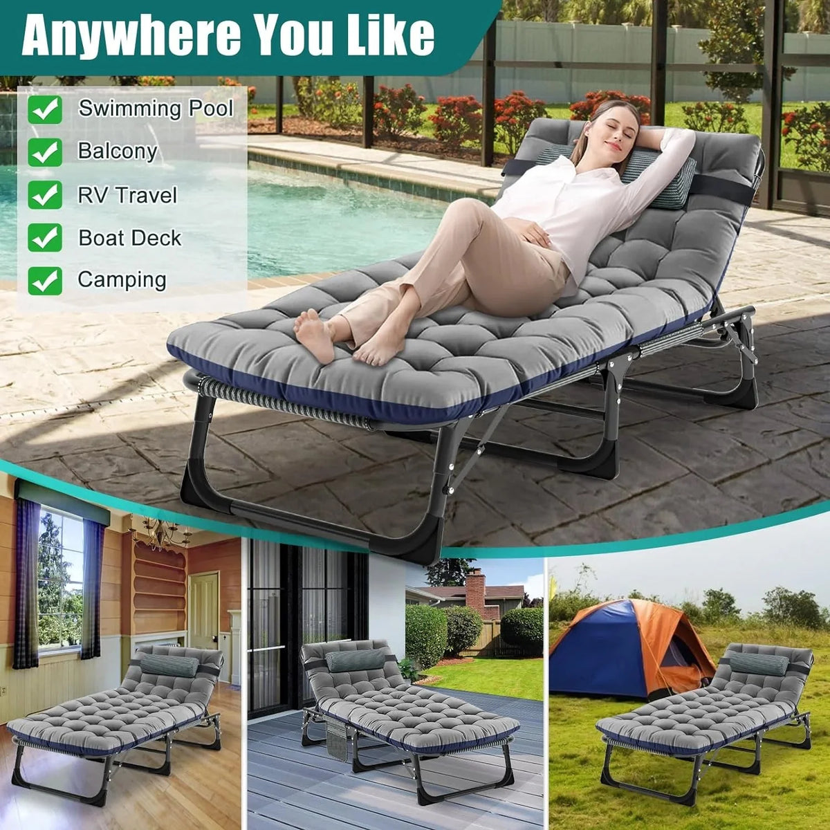 Slsy 5-Position Adjustable Folding Lounge Chair And Cot - 75.2" x 25.6" x 11.8"