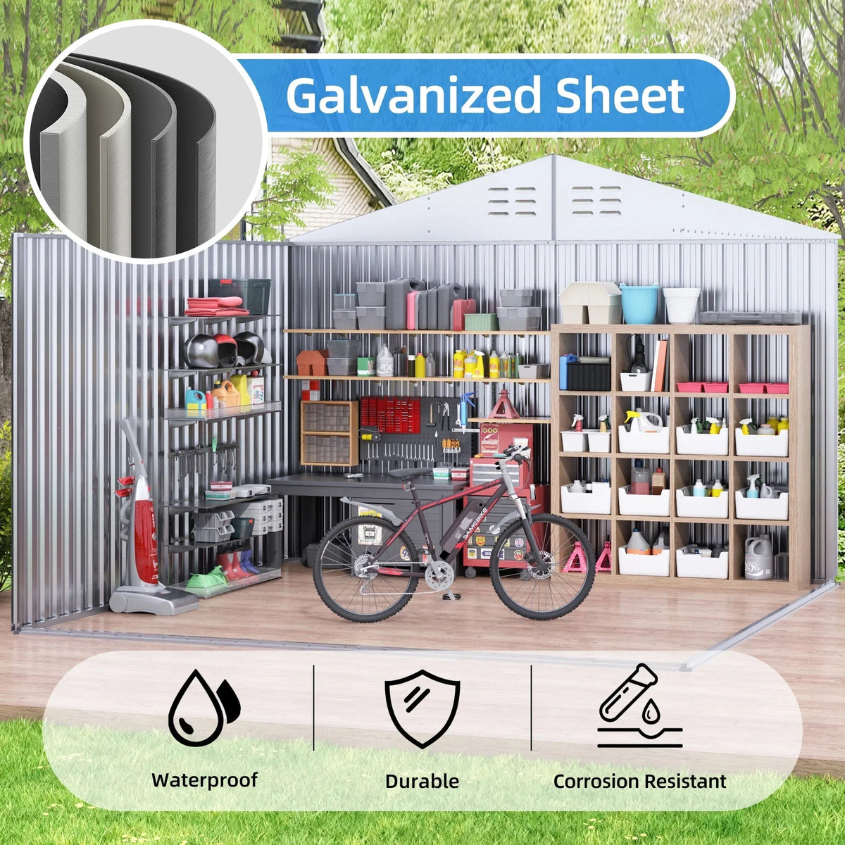 JAXPETY 10 x 10 ft Outdoor Metal Storage Shed With Window And Lockable Door - Brown