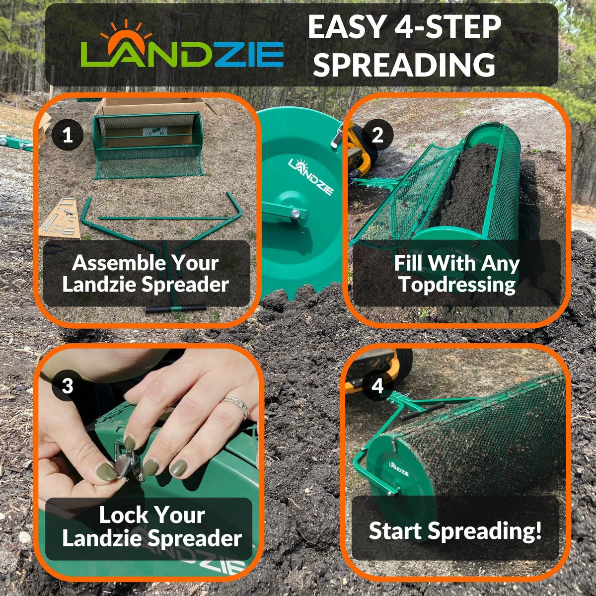 Landzie 24-Inch Walk-Behind Compost Spreader With Metal Mesh Basket