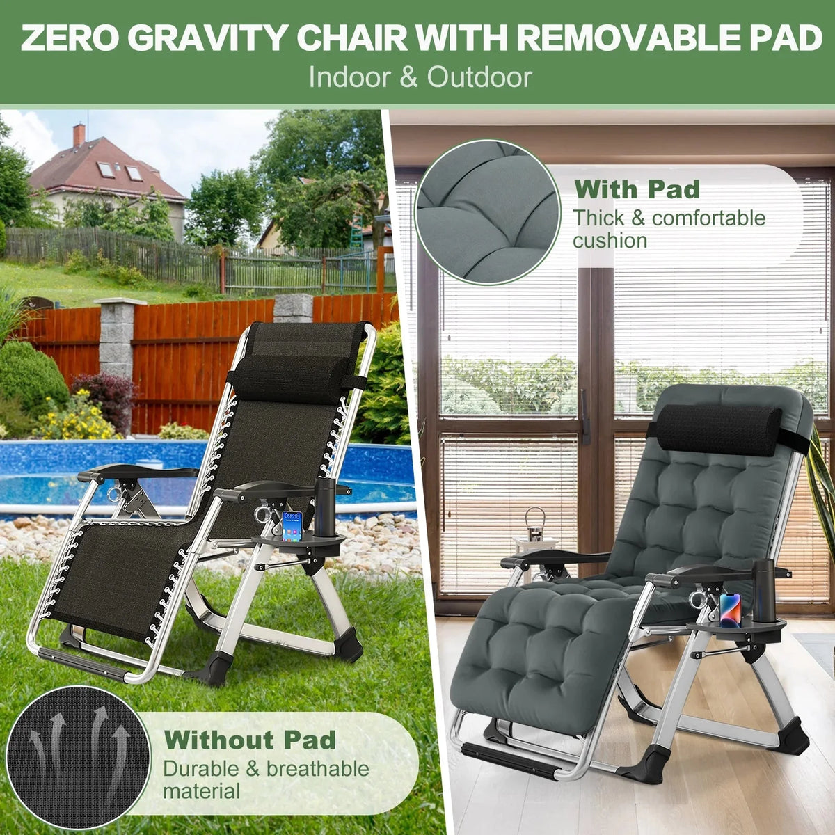 NAIZEA Zero Gravity Lawn Recliner Chairs, 2 Pack, Black