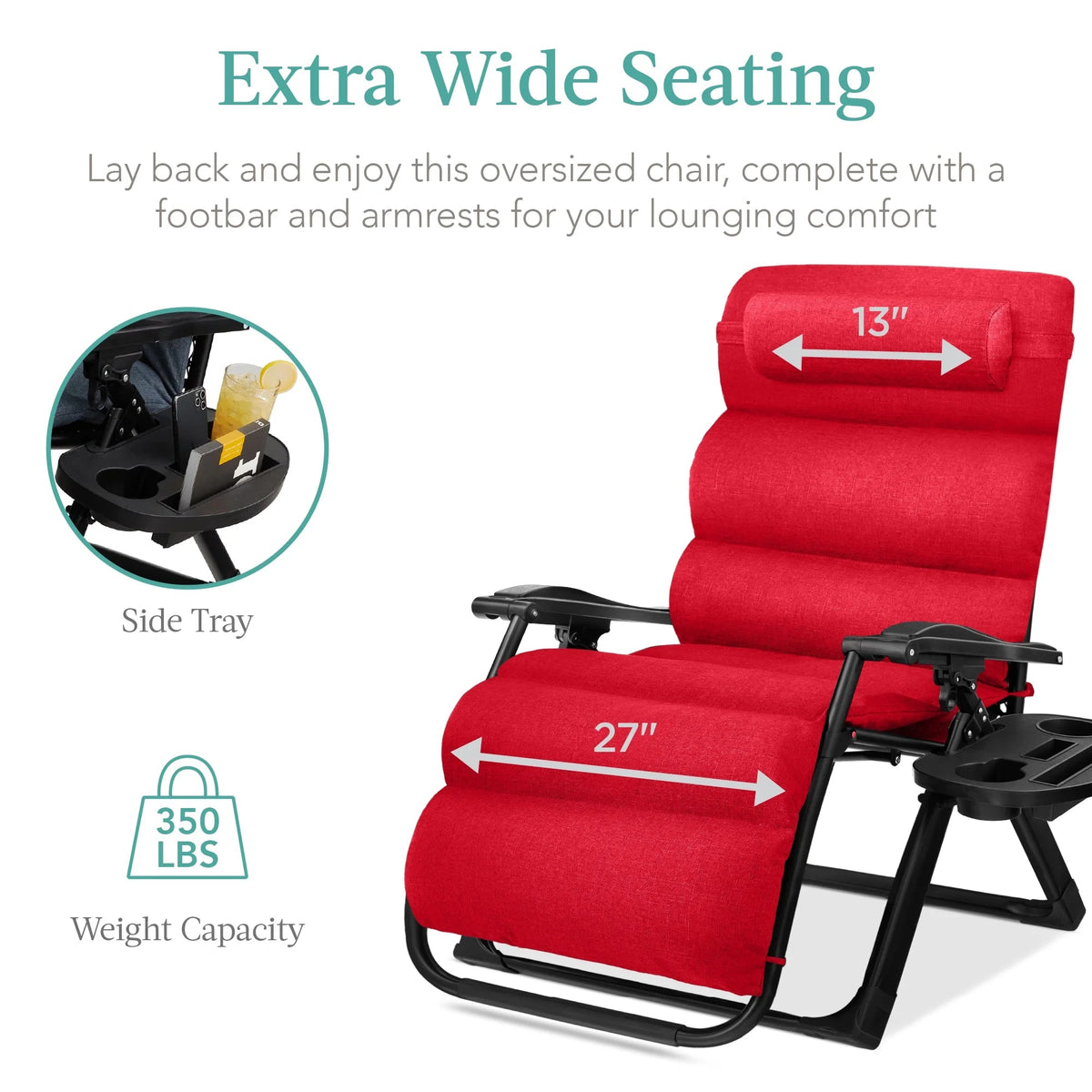 Best Choice Products Oversized Zero Gravity Folding Recliner With Removable Cushion And Side Tray - Fossil Gray