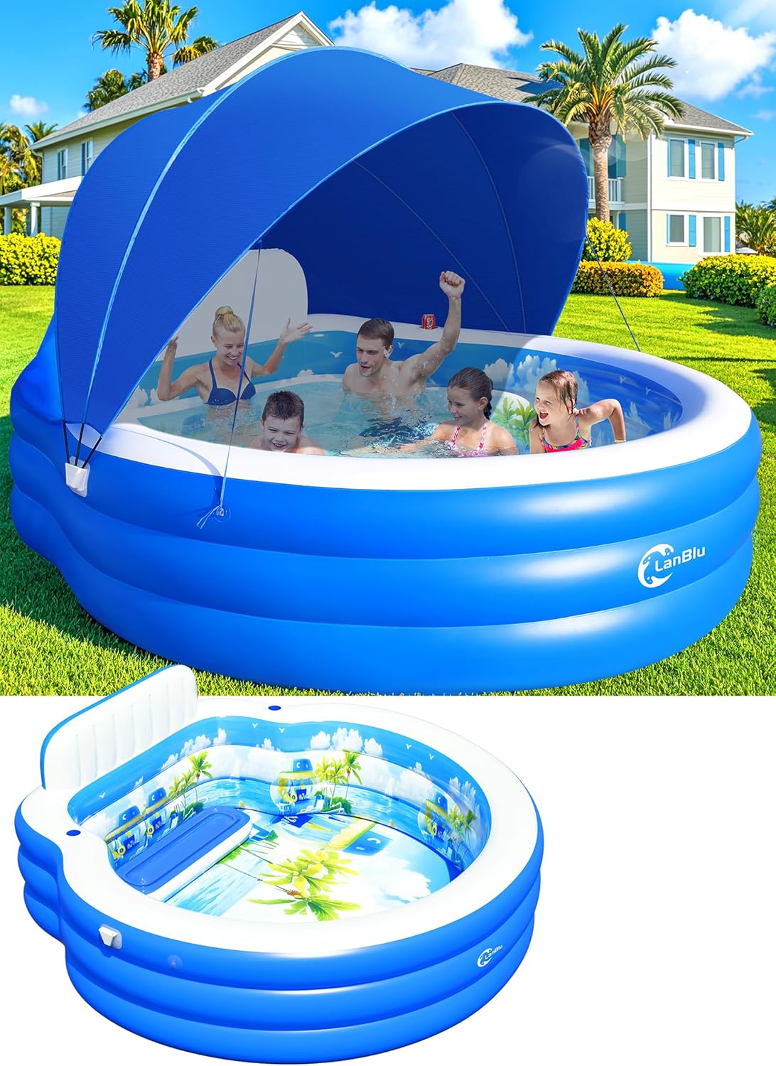 Inflatable Family Lounge Pool With Canopy, Bench And Backrest, 92in x 92in x 26in - Blue
