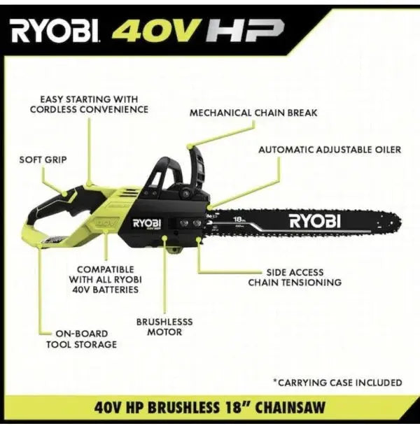 RYOBI 40V 18-Inch Cordless Chainsaw Kit With Battery And Charger - Green