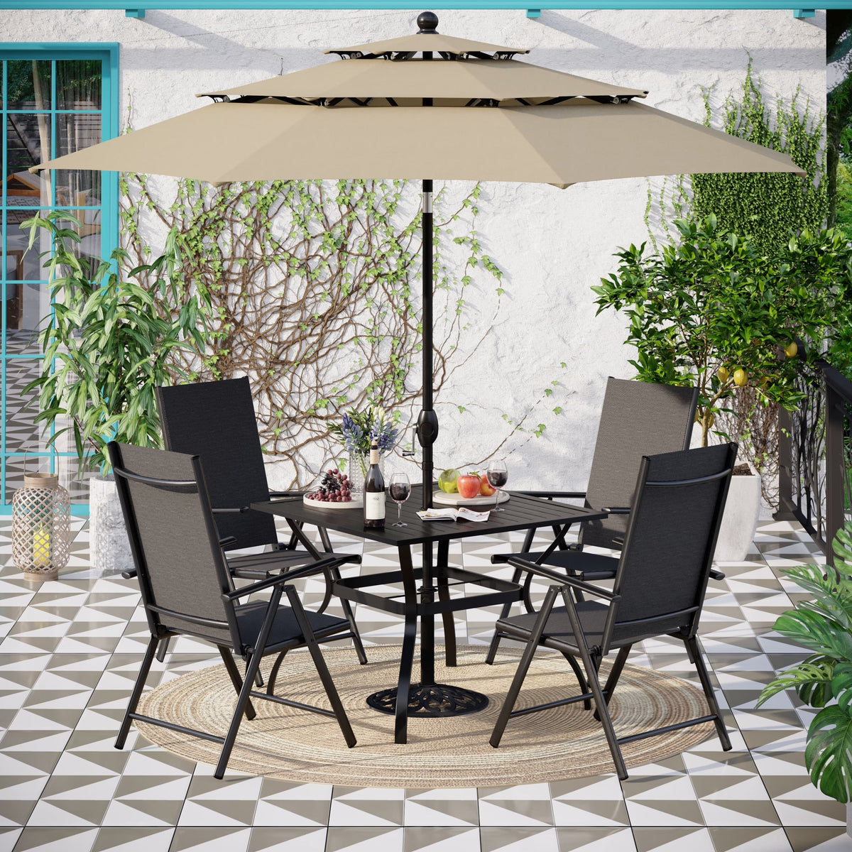MAISON ARTS 6-Piece Patio Dining Set With 4 Adjustable Folding Chairs, Square Metal Table And 10ft Umbrella