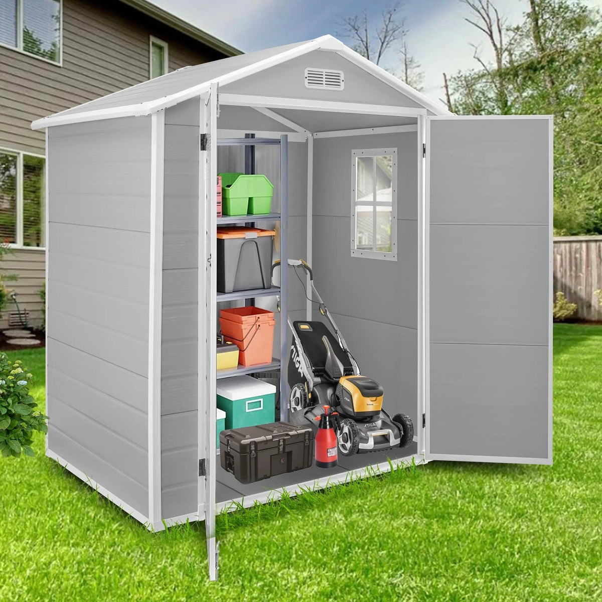 Seizeen Resin Outdoor Storage Shed With Floor, Light Gray, 82 in H