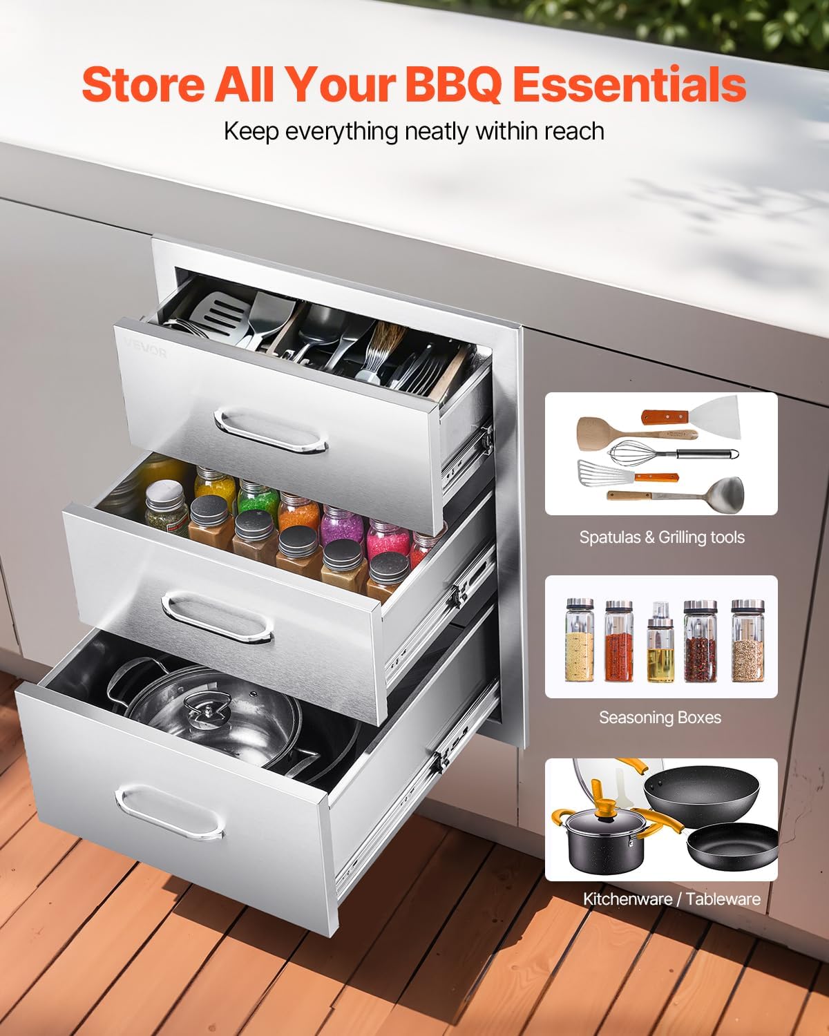 VEVOR Outdoor Kitchen Drawer Cabinet, Stainless Steel, 18.11 inch W x 23.23 inch D x 23.23 inch H, 3 Drawers