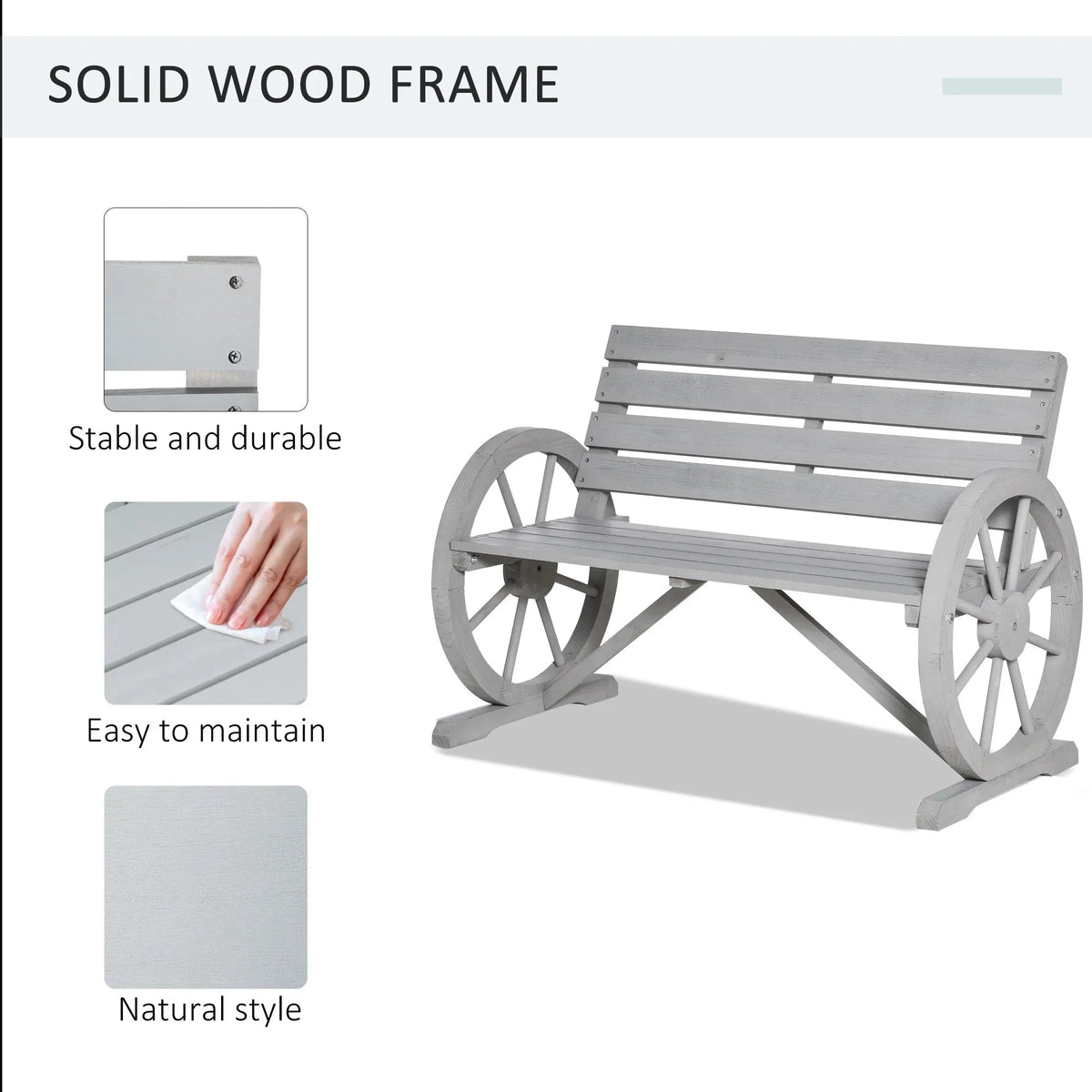 Outsunny Wooden Wagon Wheel Bench, 2-Person, Fir Wood, Carbonized, 41.5in L x 23.25in W x 29.5in H - 84B-183