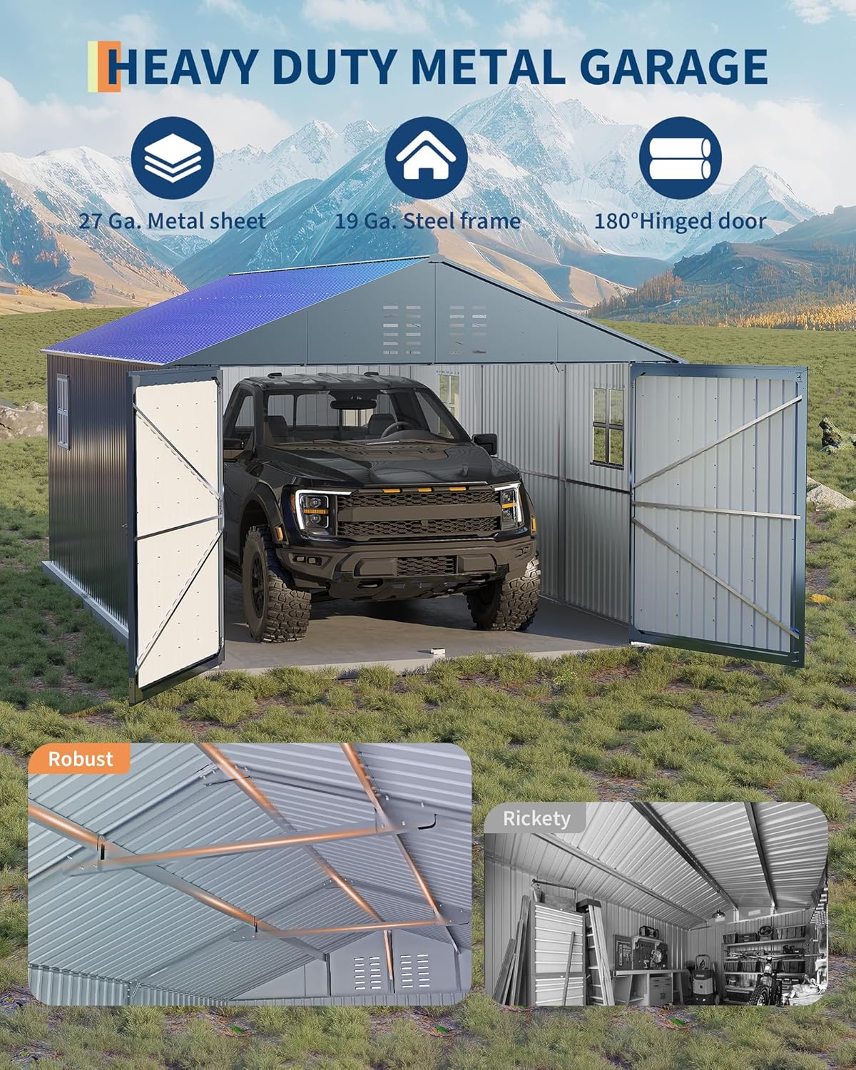 GarveeLife Enclosed Metal Carport 12x20 FT, Gray - Reinforced Frame And Steel Roof