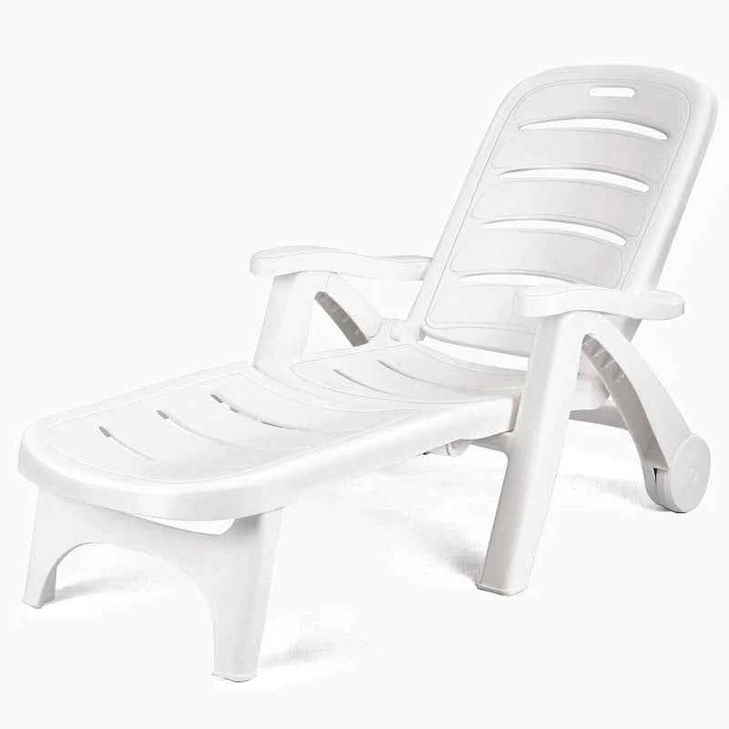 Rolling Folding Plastic Pool Lounge Chair With Armrests, 5 Position - Patio Deck Beach Chair