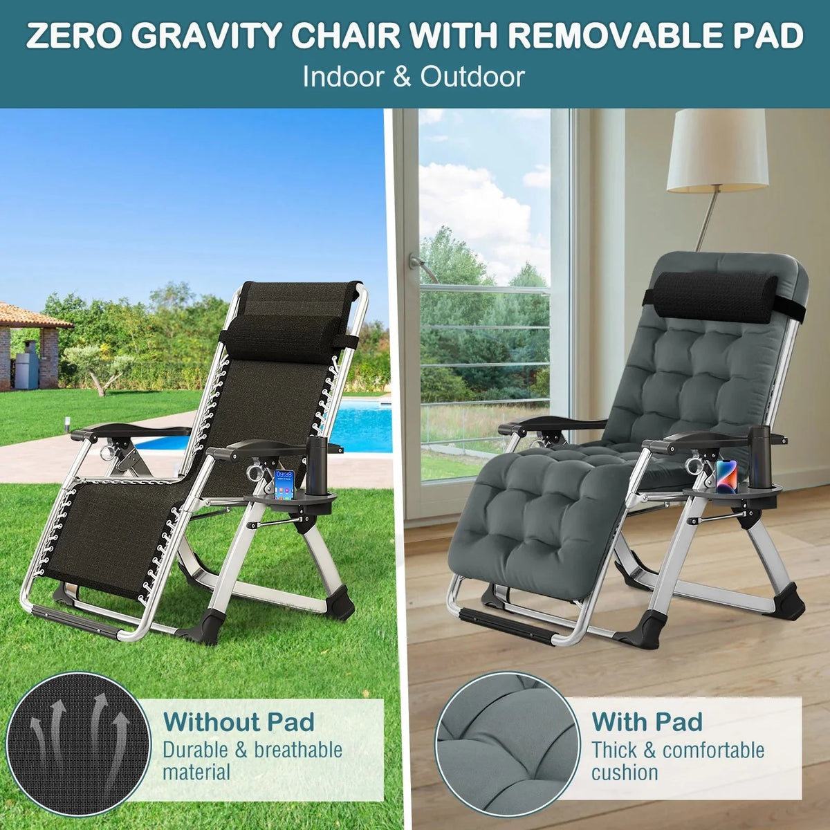 NAIZEA Zero Gravity Chair With Removable Cushion, Cup Holder, and Black Color