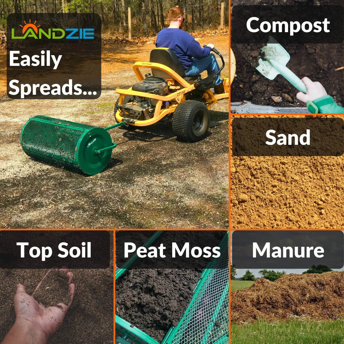 Landzie 24-Inch Walk-Behind Compost Spreader With Metal Mesh Basket