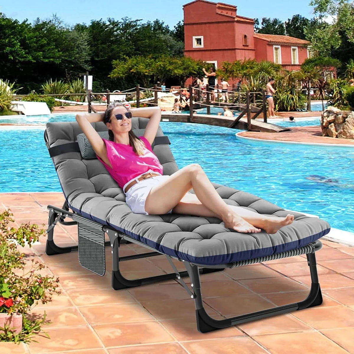 Slsy 5-Position Adjustable Folding Lounge Chair And Cot - 75.2" x 25.6" x 11.8"