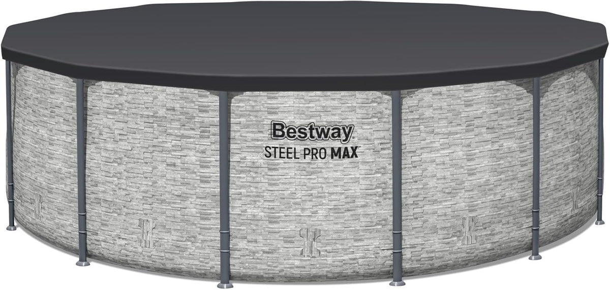 Steel Pro MAX 14 Foot x 48 Inch Round Steel Frame Above Ground Pool Set With 1,000 Filter Pump, Ladder And Cover - Gray
