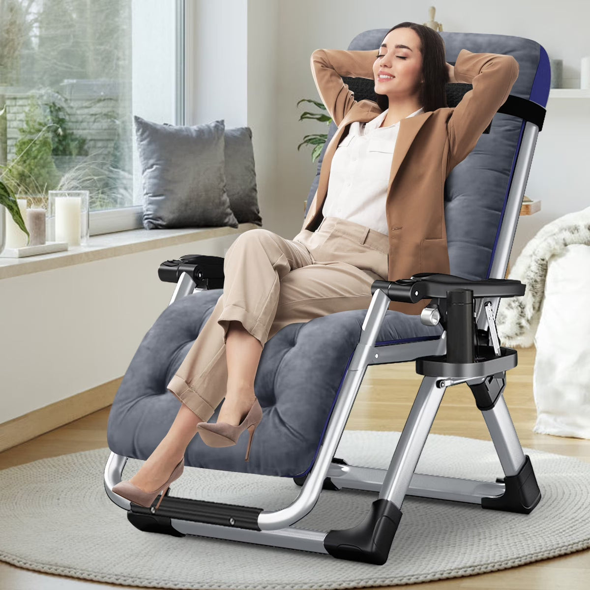 NAIZEA Zero Gravity Chair With Removable Cushion, Cup Holder, and Black Color