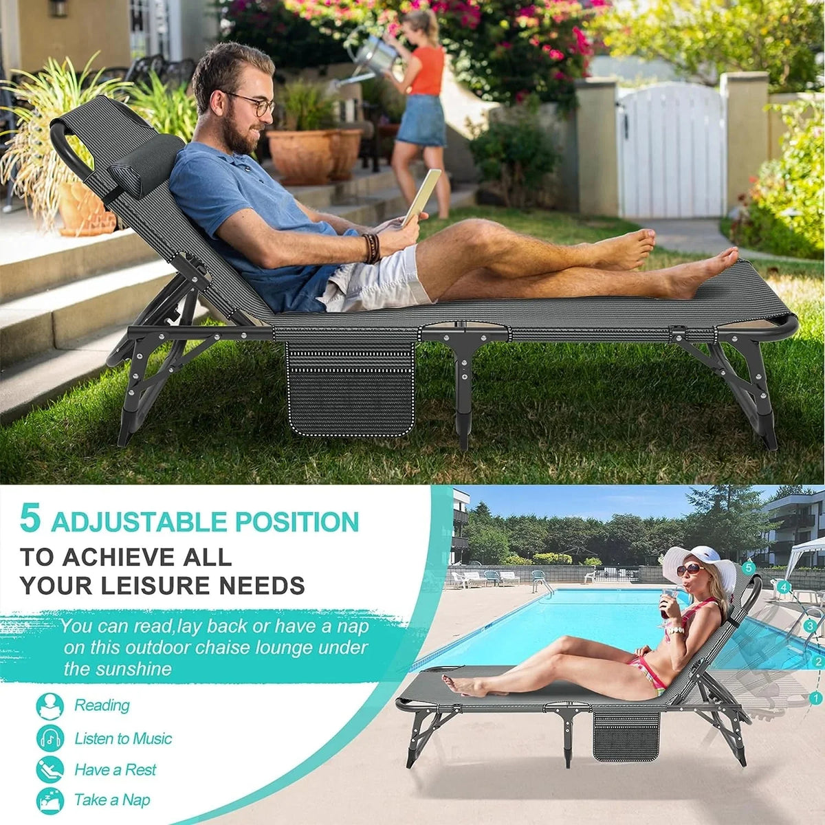 Slsy 5-Position Adjustable Folding Lounge Chair And Cot - 75.2" x 25.6" x 11.8"